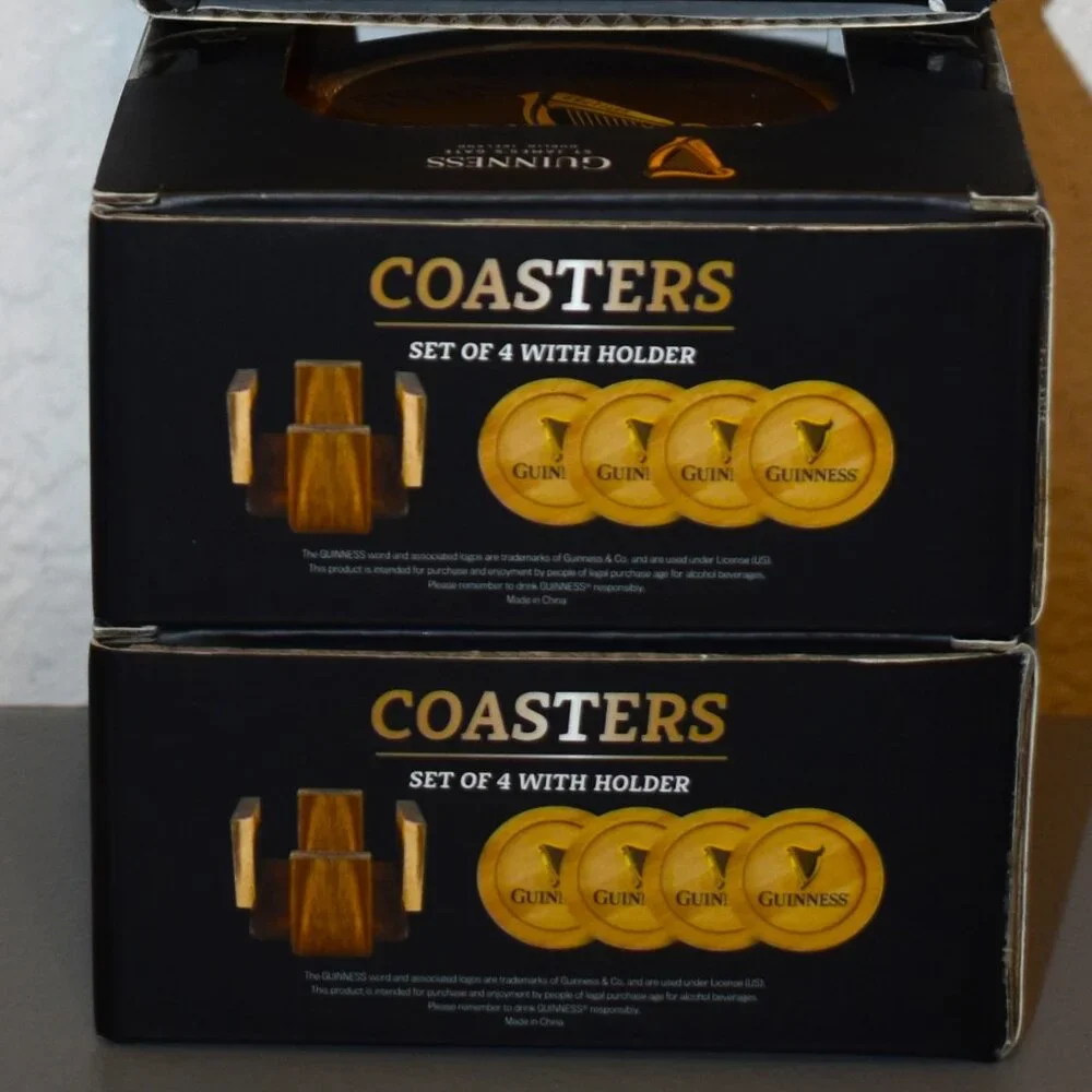 Guinness‎ Coasters Set of 4 with Holder Brown New Wood St James Gate Barware
